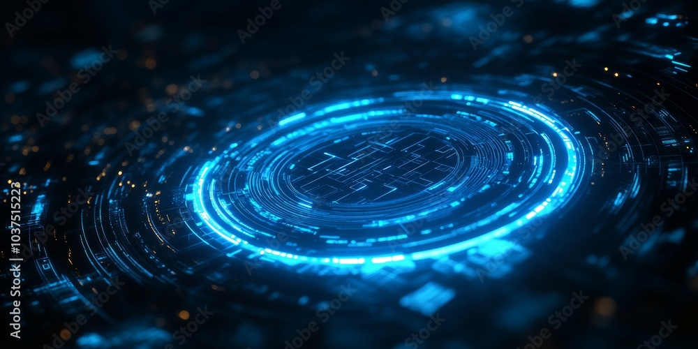 Abstract futuristic digital background with a glowing blue light ring and hologram elements on a dark backdrop, an AI technology concept. Abstract futuristic digital background with a glowing blue light ring and hologram elements on a dark backdrop, an AI technology concept.