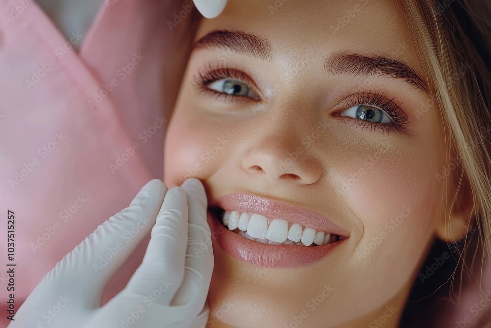 Male dentist checking teeth of an attractive woman, doctor in rubber gloves touches the patient's teeth during checkup, Generative AI Male dentist checking teeth of an attractive woman, doctor in rubber gloves touches the patient's teeth during checkup, Generative AI