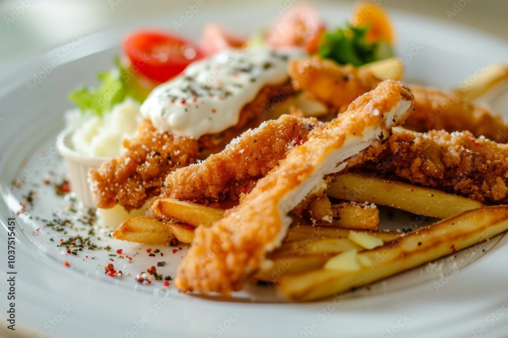 Crispy chicken strips lie on fries, topped with sauce and herbs. Concept: appetizing comfort food dish. For menu design or food promotion. Crispy chicken strips lie on fries, topped with sauce and herbs. Concept: appetizing comfort food dish. For menu design or food promotion.