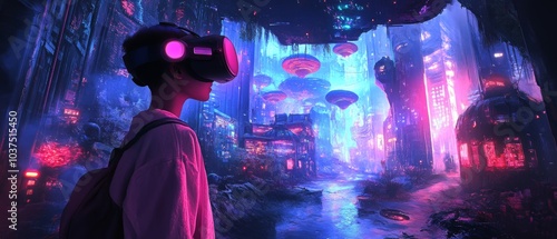 Virtual and augmented reality worlds with immersive digital landscapes, users wearing VR headsets exploring vivid virtual spaces, and AR-enhanced environments merging with real-world elements, 