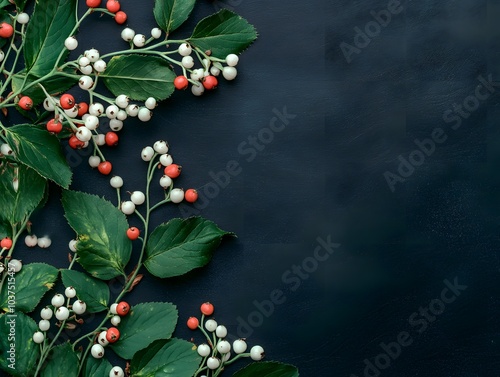 snowberry and leaves on plain black background photo