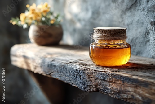 A jar of golden honey on a rustic wooden shelf