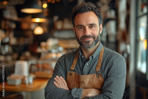 Portrait of handsome male cafe owner standing indoors, looking at camera and smiling, free space, Generative AI