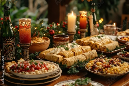 Traditional mexican christmas feast with tamales and festive decorations