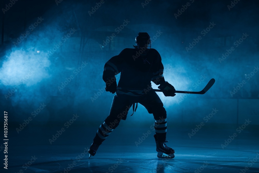 Obraz premium Hockey Silhouette: A powerful silhouette of a hockey player in action, captured in a dramatic blue-lit arena, evoking the thrill and intensity of the sport. 