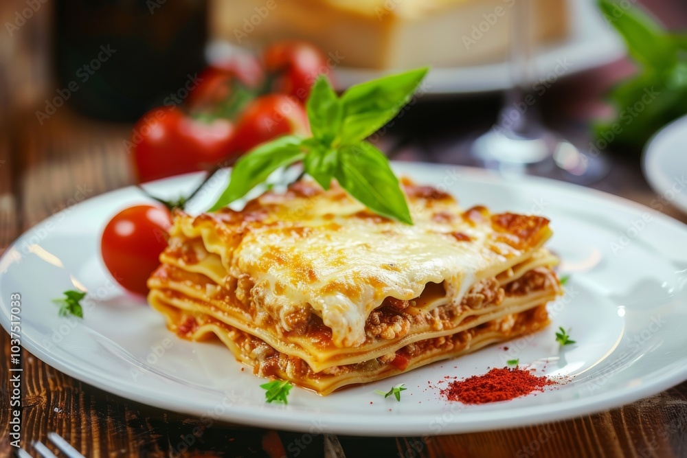 A slice of layered pasta dish with melted cheese sits on a white plate. Concept of appetizing and savory meal. For food blog content or menu design. A slice of layered pasta dish with melted cheese sits on a white plate. Concept of appetizing and savory meal. For food blog content or menu design.