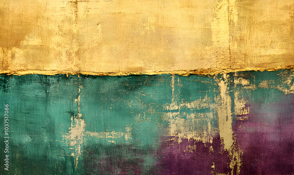 Naklejka premium Abstract colorful textured painting with gold, green, and purple accents, modern artistic background