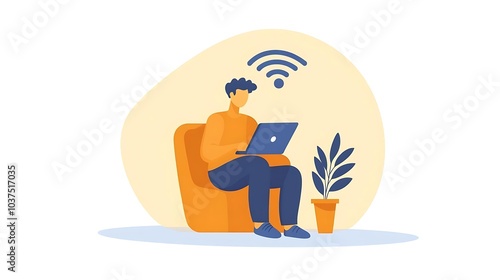 Man Working on Laptop with Wifi Symbol and Plant