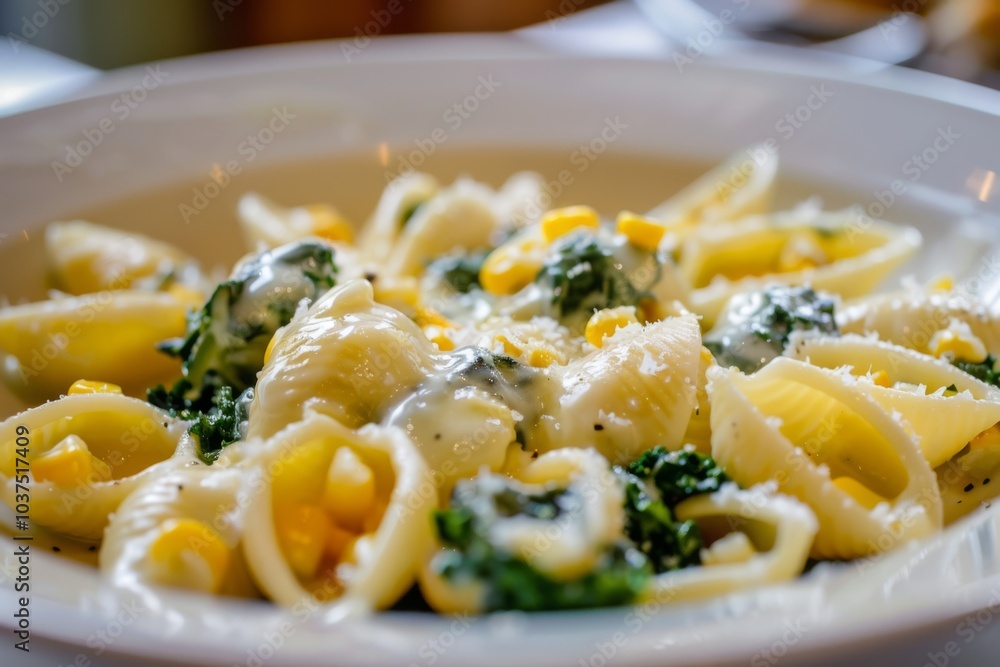 Pasta shells with creamy sauce and spinach sit in a white dish. Concept of appetizing and fresh cuisine. For a food blog or recipe website. Pasta shells with creamy sauce and spinach sit in a white dish. Concept of appetizing and fresh cuisine. For a food blog or recipe website.
