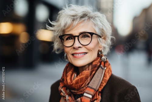 Portrait of smiling senior woman with eyeglasses in the city