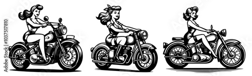 beauty pin-up girl illustration, adorable beautiful pinup woman model, comic book character, black shape silhouette vector decoratio motorbike scooter