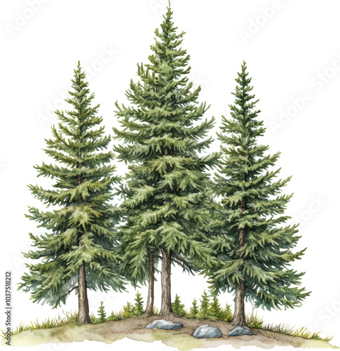 Group of tall evergreen trees, forest nature illustration 