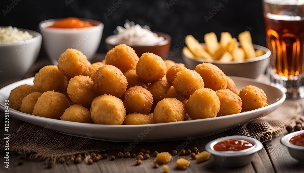 Crispy Fried Cheese Balls with Sauce and Fries Crispy Fried Cheese Balls with Sauce and Fries