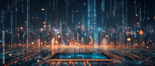 floating above a tablet. In the background, a cityscape is illuminated by light rays from the screen, surrounded by circuit board patterns and digital data streams, creating a high-tech atmosphere