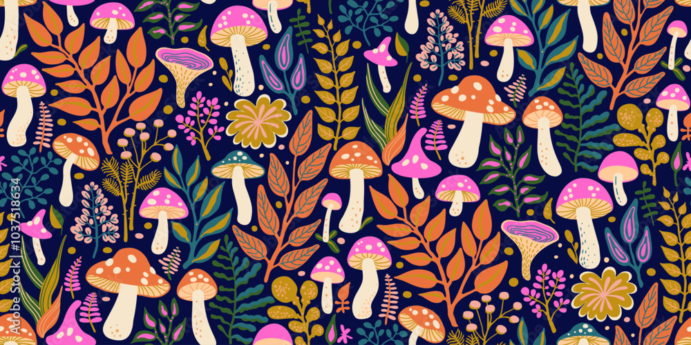 Vibrant, colorful illustration featuring seamless pattern of various mushrooms and foliage in pink, orange, green colors on dark blue. Design for Textiles, Fabrics, Fashion Prints, Wallpapers. Vibrant, colorful illustration featuring seamless pattern of various mushrooms and foliage in pink, orange, green colors on dark blue. Design for Textiles, Fabrics, Fashion Prints, Wallpapers.