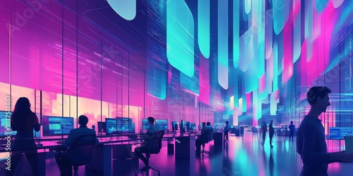 abstract office with data information flowing through the air, happy people are working, blue and magenta lights