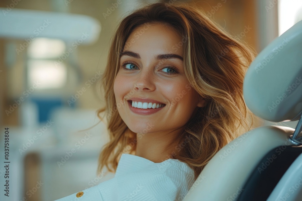 Portrait of charming lady looking at mirror and smiling, enjoying her beautiful smile, sitting in dentist chair. Dental care, Generative AI Portrait of charming lady looking at mirror and smiling, enjoying her beautiful smile, sitting in dentist chair. Dental care, Generative AI