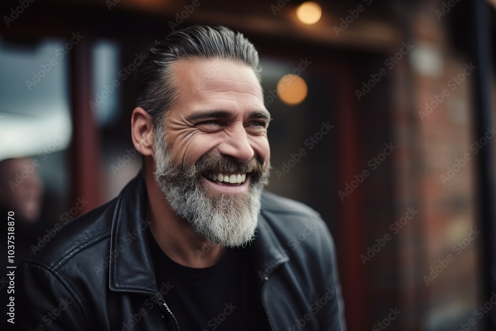 Portrait of a handsome mature man with a beard in a leather jacket. Portrait of a handsome mature man with a beard in a leather jacket.