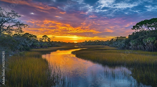 Serene Sunset Over Marshland Landscape