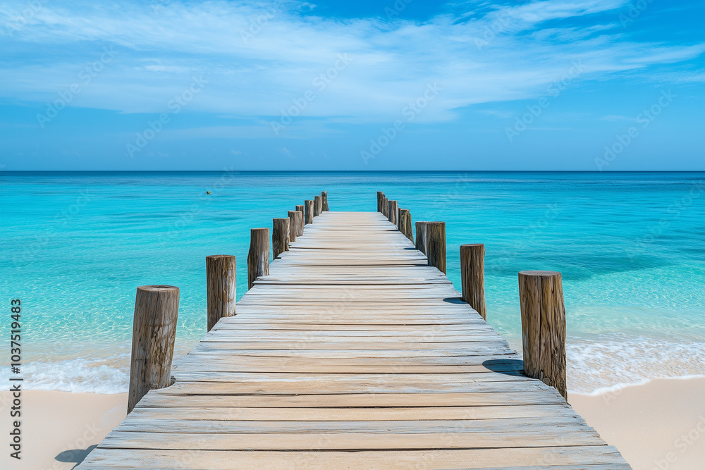 Obraz premium Wooden pier leading to the ocean with a white sand beach and turquoise water on a tropical island. Ample space for text.