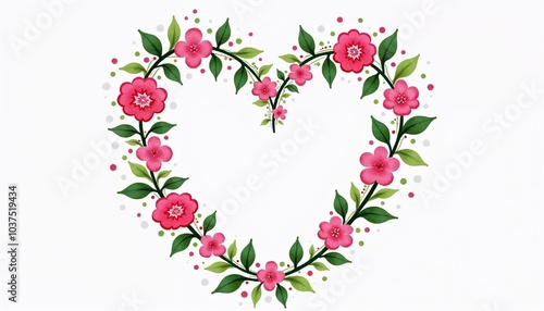 Floral heart shape made of pink flowers and green leaves with copy space