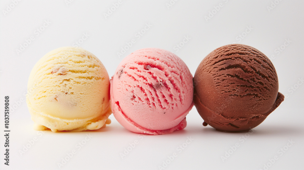 Colorful Trio of Ice Cream Scoops on White Background Colorful Trio of Ice Cream Scoops on White Background