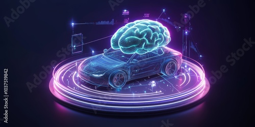  icon design featuring a new energy vehicle connected to a networked brain structure, all set on a circular platform. The vehicle has plastic and metallic textures, against a dark background.  photo