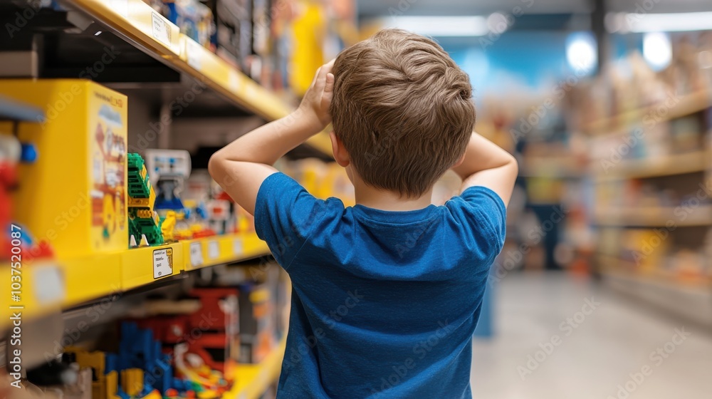 A young child wearing a blue shirt investigates the colorful toy shop aisle, hands on head, as they explore the myriad of toys stacked neatly on the shelves. A young child wearing a blue shirt investigates the colorful toy shop aisle, hands on head, as they explore the myriad of toys stacked neatly on the shelves.