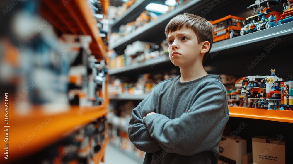A serious-looking young boy in a grey shirt stands with crossed arms in a toy store, assessing the shelves filled with various building block sets and colorful toys. A serious-looking young boy in a grey shirt stands with crossed arms in a toy store, assessing the shelves filled with various building block sets and colorful toys.