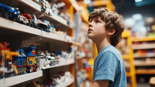 A young boy in a toy store analyzing an extensive assortment of toys with crossed arms, representing the process of decision-making during childhood adventures. photo