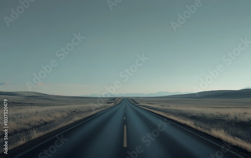 A long, straight road cuts through a vast prairie landscape with distant mountains on the horizon, showcasing the beauty of open spaces and solitude