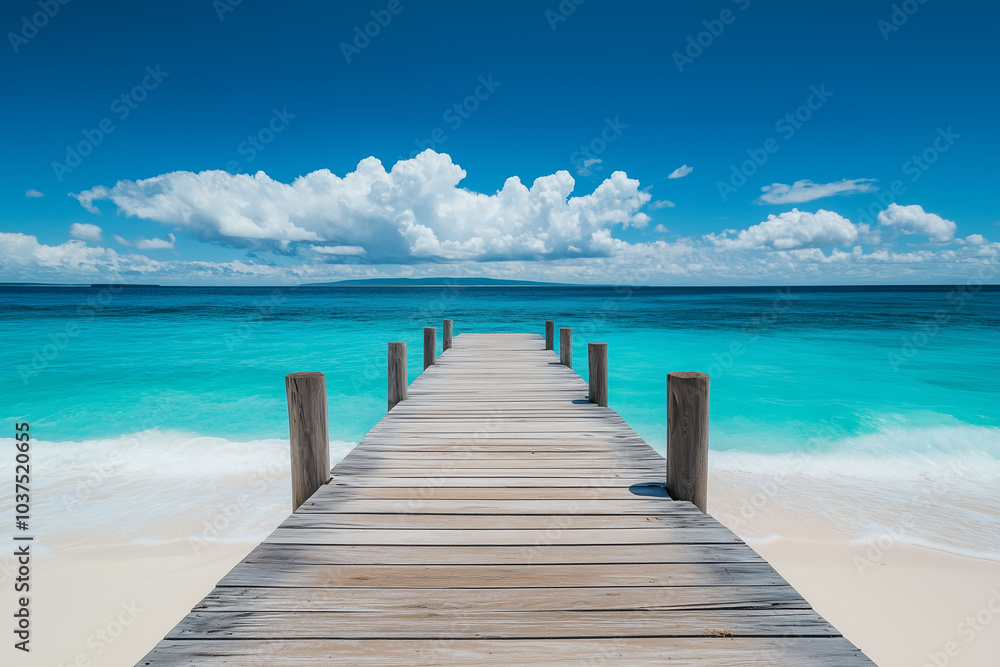 Obraz premium Wooden pier leading to the ocean with a white sand beach and turquoise water on a tropical island. Ample space for text.