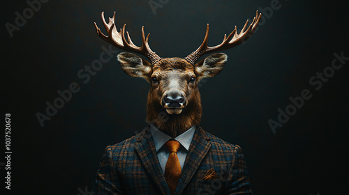 Deer in a business suit, standing confidently in a dramatic spotlight with a rich color palette, creating a powerful yet whimsical atmosphere. Suitable for fashion, fantasy, and modern concepts.