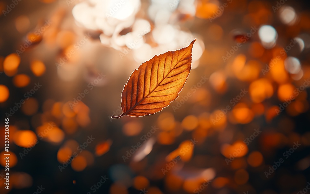 A single orange autumn leaf backlit by warm sunlight, showcasing intricate veins and texture against a blurred background of golden bokeh A single orange autumn leaf backlit by warm sunlight, showcasing intricate veins and texture against a blurred background of golden bokeh