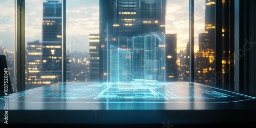 holographic table of an architect where he is projecting a building, futuristic office by day with a window in the background