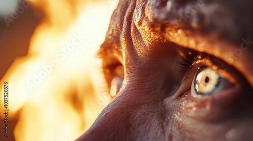 A human eye intensely focuses as it reflects flames in close view, illustrating deep resolve and unyielding focus in confronting heated situations. photo