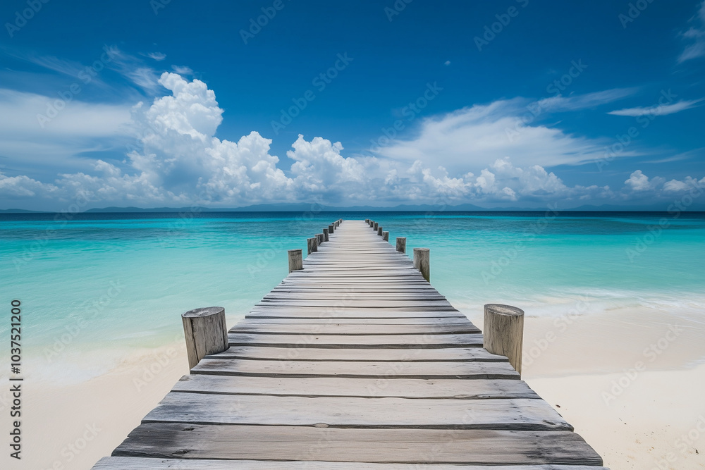 Obraz premium Wooden pier leading to the ocean with a white sand beach and turquoise water on a tropical island. Ample space for text.