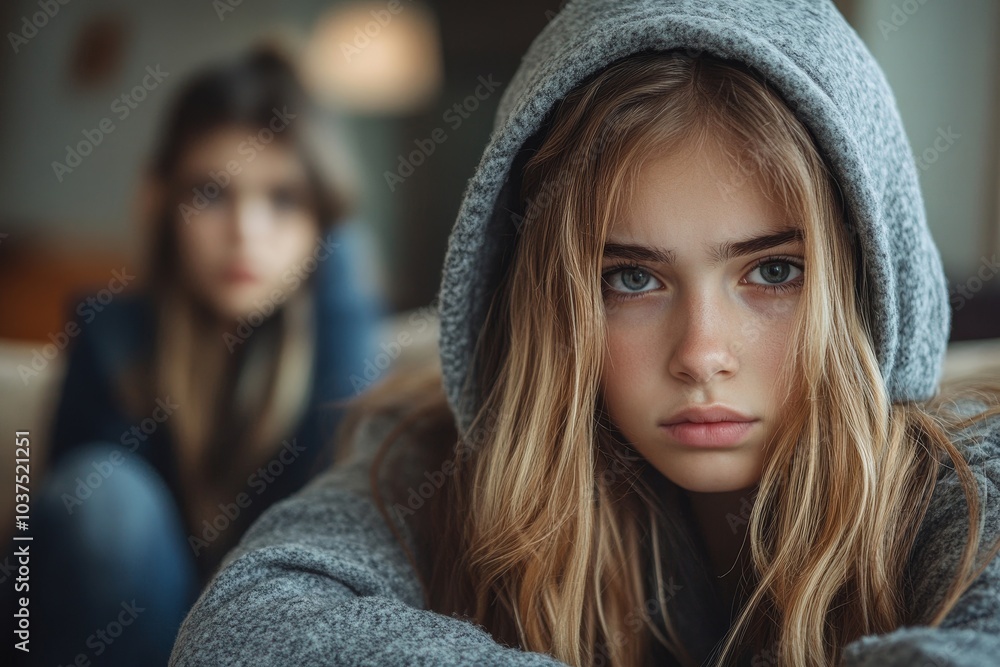 Caring mother comforting depressed upset teen daughter, stressed unhappy girl wearing hood sitting on sofa at home, Generative AI Caring mother comforting depressed upset teen daughter, stressed unhappy girl wearing hood sitting on sofa at home, Generative AI