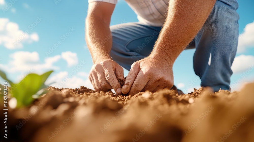 A man diligently examines the earth with his hands in an agricultural field, underlining the critical role of soil structure in plant development and crop yield. A man diligently examines the earth with his hands in an agricultural field, underlining the critical role of soil structure in plant development and crop yield.