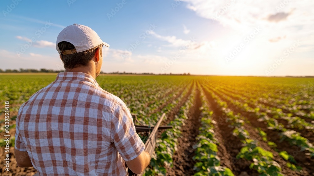 Fototapeta premium A farmer in plaid shirt and cap is tending to a lush green field under a golden sunset, symbolizing care and dedication in agricultural practices amidst rural landscapes.