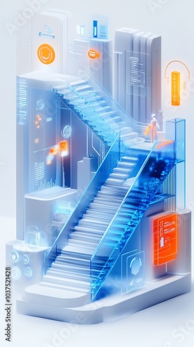 A 3D illustrated staircase, located in the middle of the city building,with icons representing business, technology, and digital marketing, Transparent glass, frosted texture
