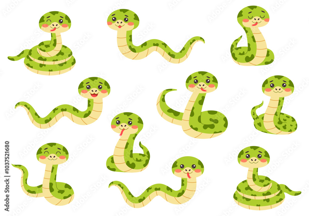 Obraz premium Set of cute snakes. Symbol of the New Year 2025. Vector illustration.