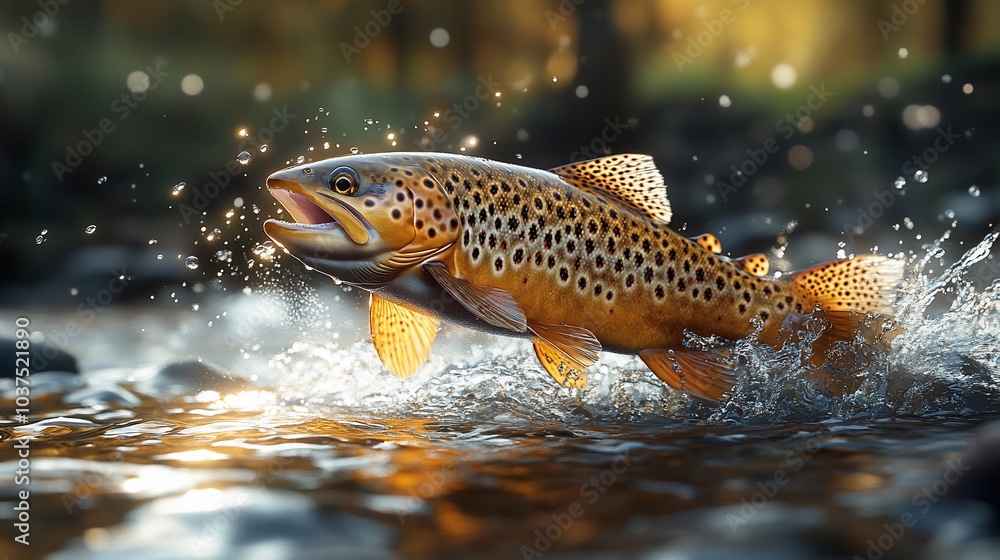 A brown trout leaps from a shimmering stream, showcasing its vibrant colors and energy. A brown trout leaps from a shimmering stream, showcasing its vibrant colors and energy.