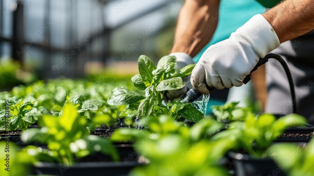 Hands with gloves carefully water lush spinach plants in a greenhouse environment, highlighting the importance of attention and patience in agriculture. Hands with gloves carefully water lush spinach plants in a greenhouse environment, highlighting the importance of attention and patience in agriculture.