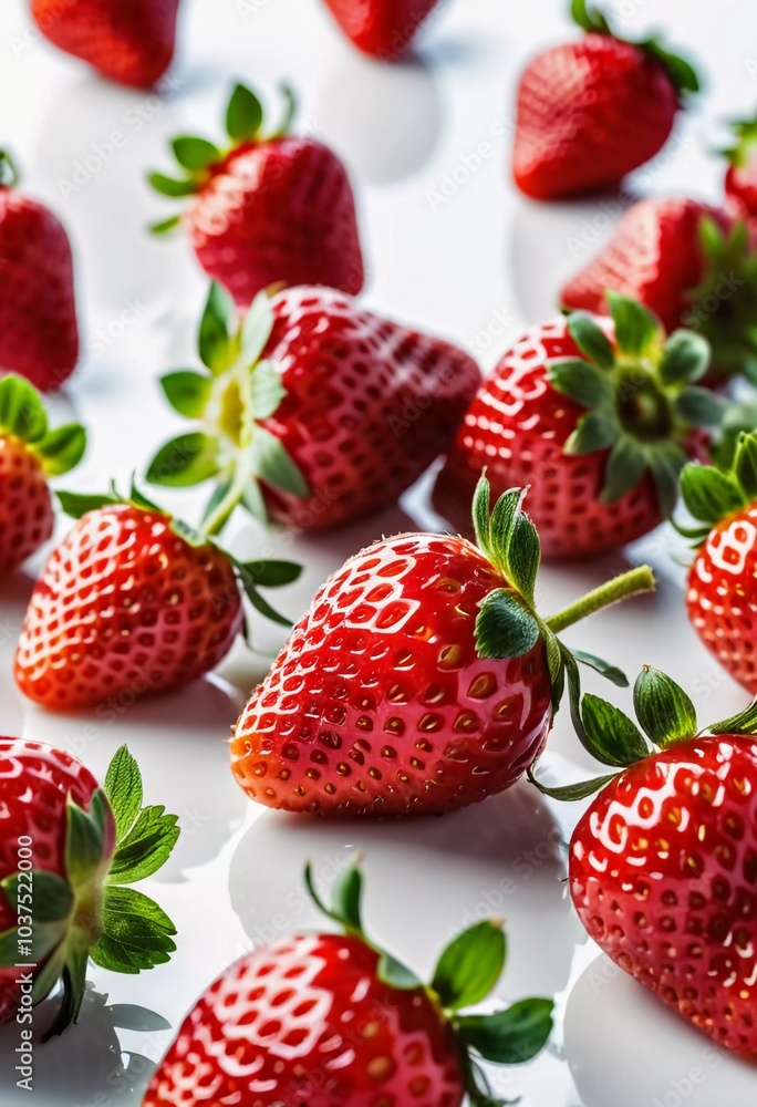 A cluster of fresh, bright red strawberries showcases their natural gloss and unique textures, emphasizing their ripeness and freshness. Generative AI A cluster of fresh, bright red strawberries showcases their natural gloss and unique textures, emphasizing their ripeness and freshness. Generative AI