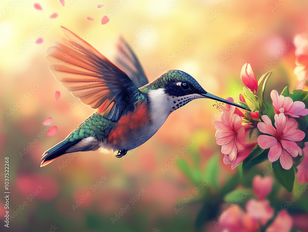 Fototapeta premium Delicate Movement: A Hovering Hummingbird Over Flowers in Bright Acrylic