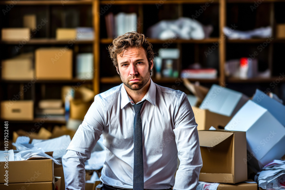 Man sits in messy office, surrounded by boxes and paperwork, looking tired and defeated. Concept corporate downsizing, bankruptcy, layoffs and the personal impact of unemployment on professionals Man sits in messy office, surrounded by boxes and paperwork, looking tired and defeated. Concept corporate downsizing, bankruptcy, layoffs and the personal impact of unemployment on professionals