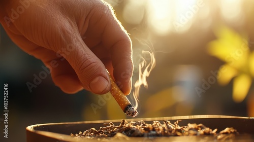 A contemplative scene of a hand extinguishing a cigarette, with smoke swirling poetically upward, captured beautifully in warm golden sunlight, symbolizing conclusion. photo