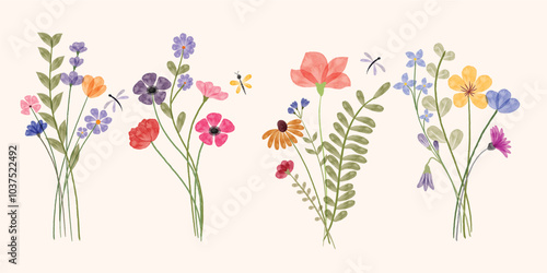 Minimalist Wildflower Illustration - Seamless Watercolor Floral Arrangements With Dragonflies
