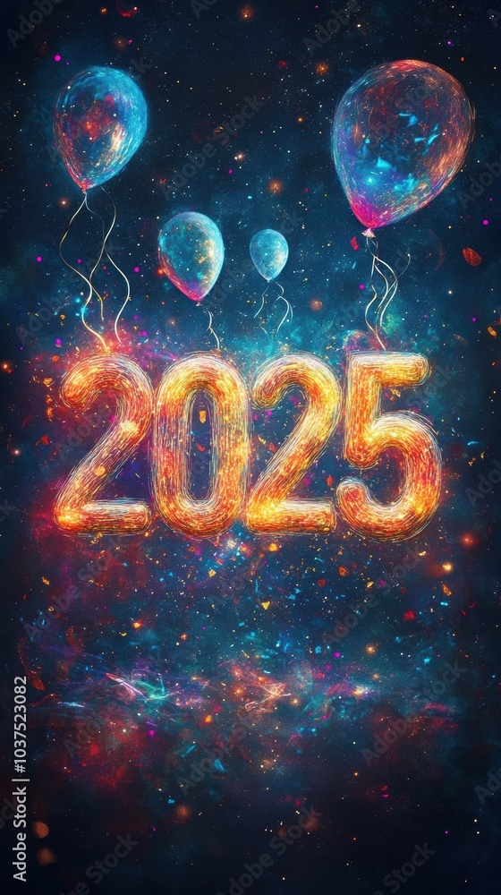 Vibrant and futuristic scene with sparkling balloons and bright confetti celebrating the arrival of 2025 in a magical, festive atmosphere. Vibrant and futuristic scene with sparkling balloons and bright confetti celebrating the arrival of 2025 in a magical, festive atmosphere.
